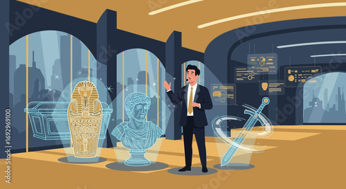 A virtual museum tour guide presenting artifacts with advanced holographic technology