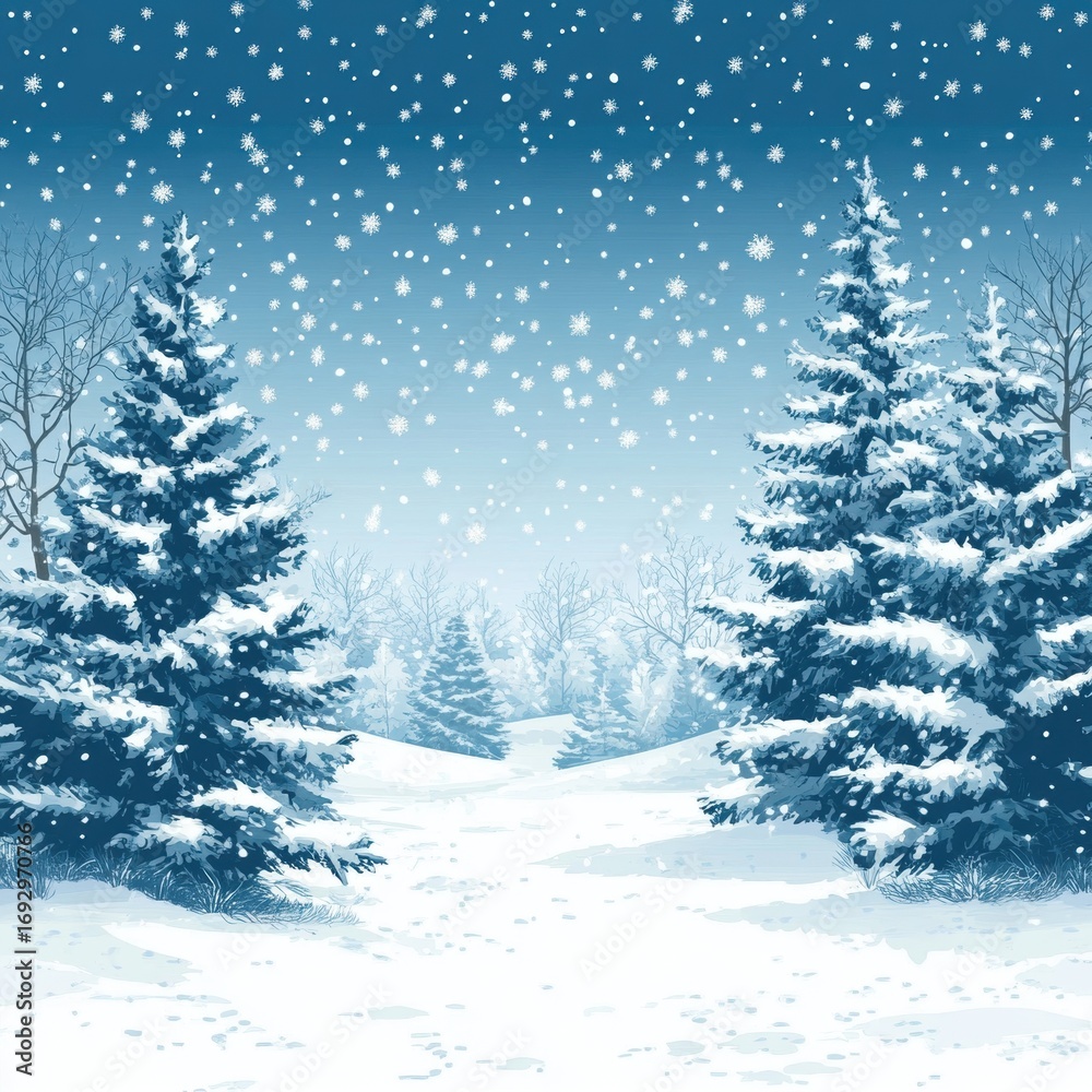 Fototapeta premium Beautiful winter landscape with two large coniferous trees covered with a snow cap on both sides of the snowy path. Snow falls smoothly, creating an atmosphere of tranquility and celebration under