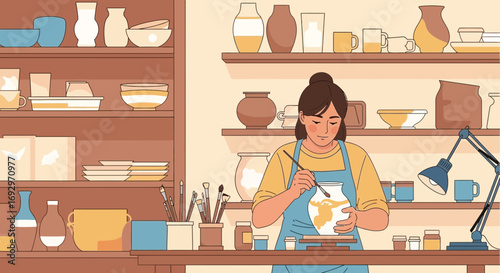 Woman artist in her pottery studio, creating and painting ceramic vases with concentration and