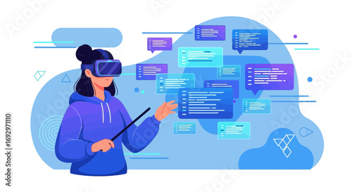 Woman presenting virtual reality code in abstract blue environment technology concept