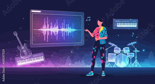 Woman presenting digital audio workstation with guitar keyboard and drum kit in neon style