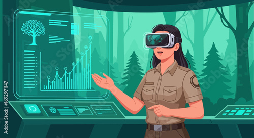 Woman wearing virtual reality headset managing forest data for environmental conservation monitoring