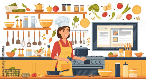 A cheerful woman chef cooking in a bright and organized kitchen full of fresh ingredients and
