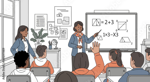 A diverse classroom setting featuring a teacher explaining math to students on whiteboard