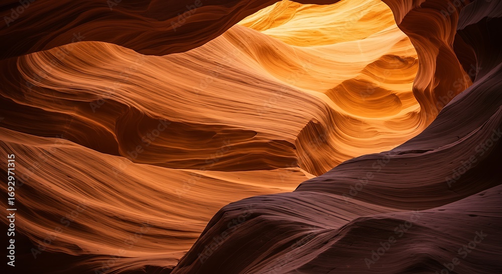 Obraz premium Sunlight filters through the sandstone walls of Antelope Canyon, creating warm hues and intricate patterns in the natural rock formation, showcasing the beauty of nature.
