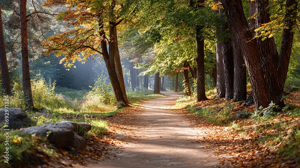 Fototapeta premium Peaceful Forest Path Autumn Sunlight Nature Walk Trees Golden Light Natural Beauty