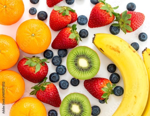 Colorful assortment of fresh fruits on white background