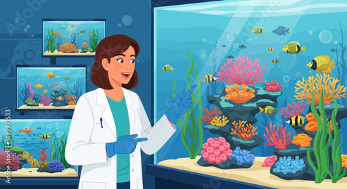 AQUARIUM STUDY: Woman in lab coat presenting colorful fish tanks with coral reef ecosystems