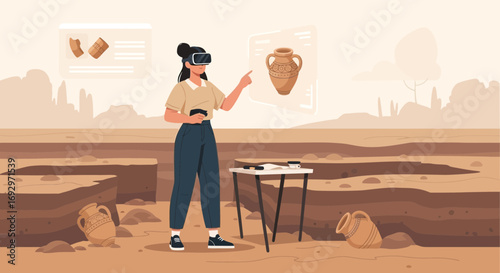 Archaeologist using virtual reality glasses in an excavation site to study ancient artifacts