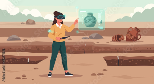 Archaeologist using virtual reality to analyze pottery at an archaeological dig site