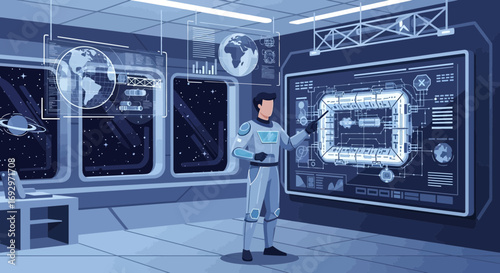 Astronaut presents space station design on a futuristic interface in mission control center