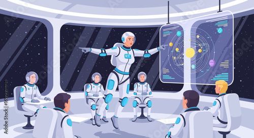 Astronaut training session in space station with futuristic technology and solar system presentation