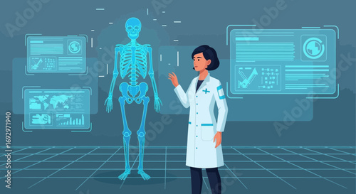 Doctor using augmented reality to view a holographic skeleton for medical analysis