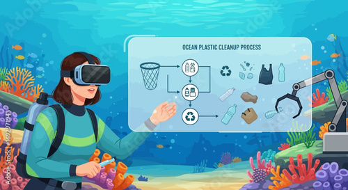 Diver experiences ocean plastic cleanup in virtual reality showcasing environmental solutions