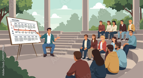 Educational presentation in an outdoor amphitheater with history timeline display