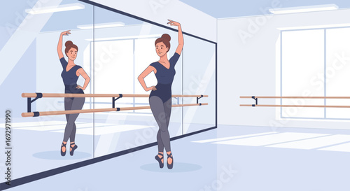 Elegant ballerina practices in a bright studio with mirrored wall and barre for training