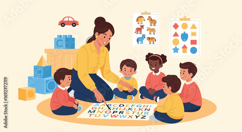 Enthusiastic teacher and adorable children joyfully learning the alphabet together in vibrant