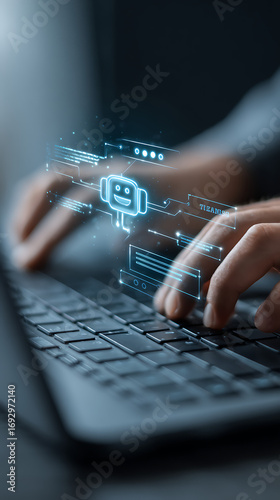 Person typing on laptop with glowing chatbot interface keyboard