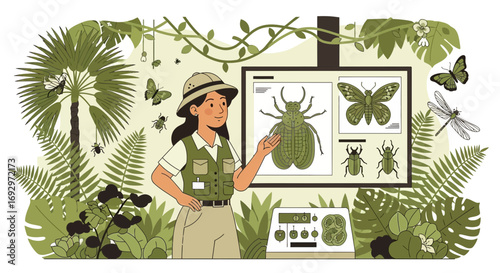 Entomologist Explaining Insect Specimens in Nature Environment Illustration