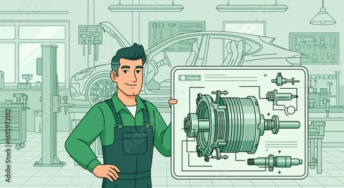 Expert mechanic showcasing complex car part diagram in a well equipped auto repair shop backdrop