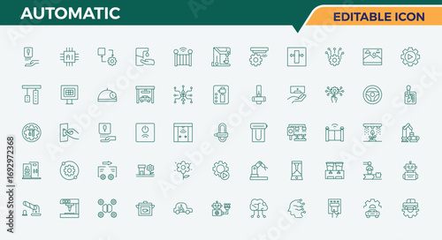 Automatic line icon pack. Minimalist editable vector stroke. Pixel perfect. Editable vector. Technology icon set. Featuring technology, robot, car and automation, ai, automation and more.