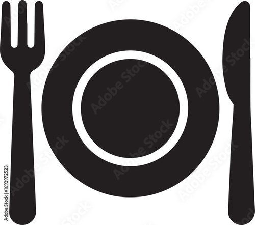 Plate with fork and knife vector, dining icon, meal setting illustration, EPS silhouette design.