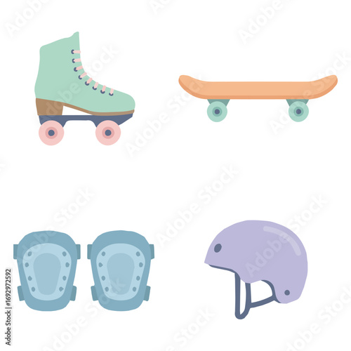 Roller skate, skateboard, knee pads and helmet illustration.