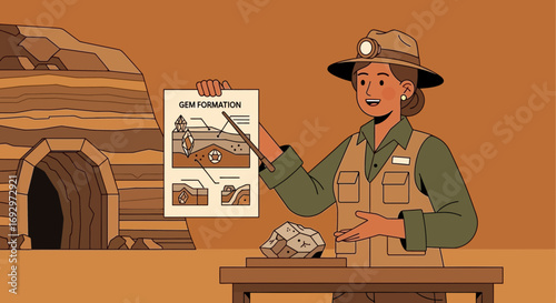 Illustrative depiction of gem formation explained by a geologist near a mine entrance