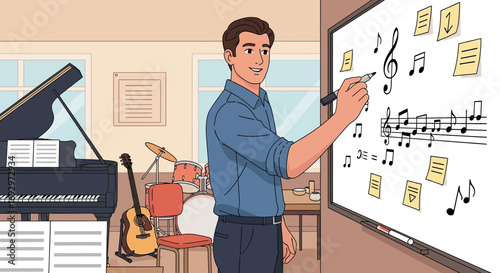 Illustrative scene depicting a music teacher explaining musical theory on a whiteboard with