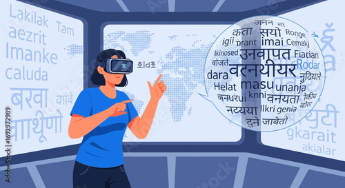 Immersive language learning: Woman exploring world languages in virtual reality world