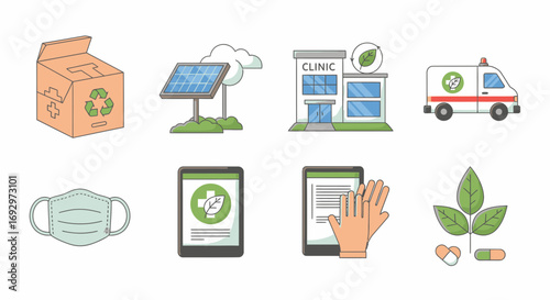 Eco-friendly healthcare and sustainable medicine icon set with telemedicine, renewable energy, and natural remedy illustrations