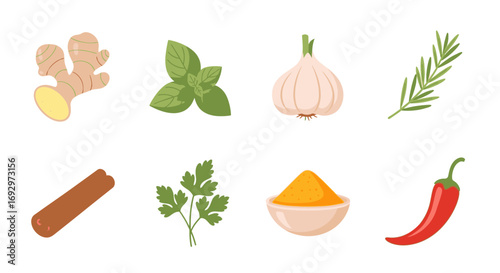 A vibrant set of culinary herbs and spices, featuring ginger, garlic, basil, and chili, isolated on a white background for food and cooking concepts