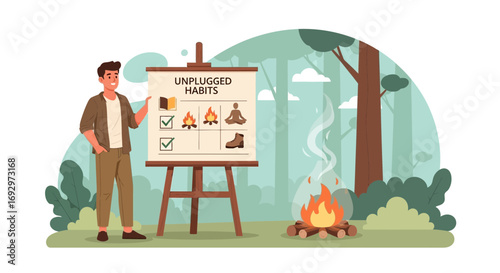 Man presenting unplugged habits near bonfire in nature enjoying digital detox retreat