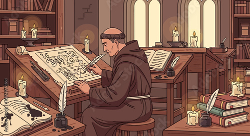 Medieval Monk Transcribing Ancient Manuscripts by Candlelight in a Monastery Library