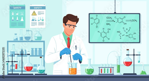 Scientist conducting chemical experiments in a laboratory with safety equipment present is shown