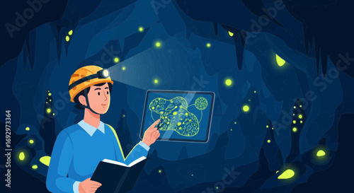 Scientist or explorer analyzing cave bioluminescence using modern technology illustration