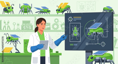 Scientist in Lab Demonstrating Solar-Powered Insect Robots Engineering and Research