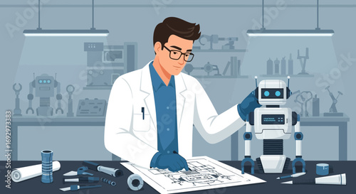 Scientist or engineer working on a robot project in a laboratory environment design illustration