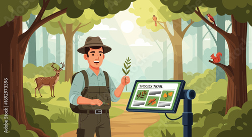 Species Trail Guide Explaining Flora and Fauna to Visitors in a Lush Green Forest Environment