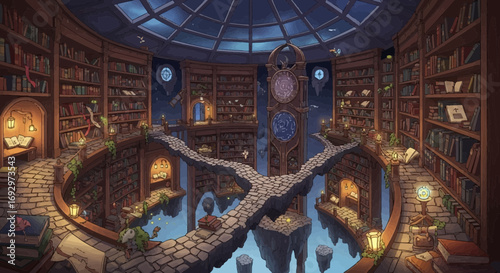 Whimsical library interior with floating stone pathways and celestial clock tower provides a