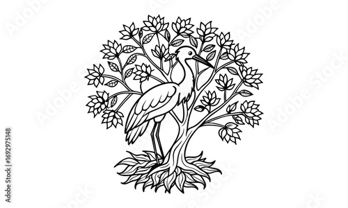 Stork Kids t shirt design silhouette and vector line art, Detailed High-Quality Line Art, Suitable for Adult Coloring Books, Stress Relief, Relaxation, and Printable Art Therapy Projects.