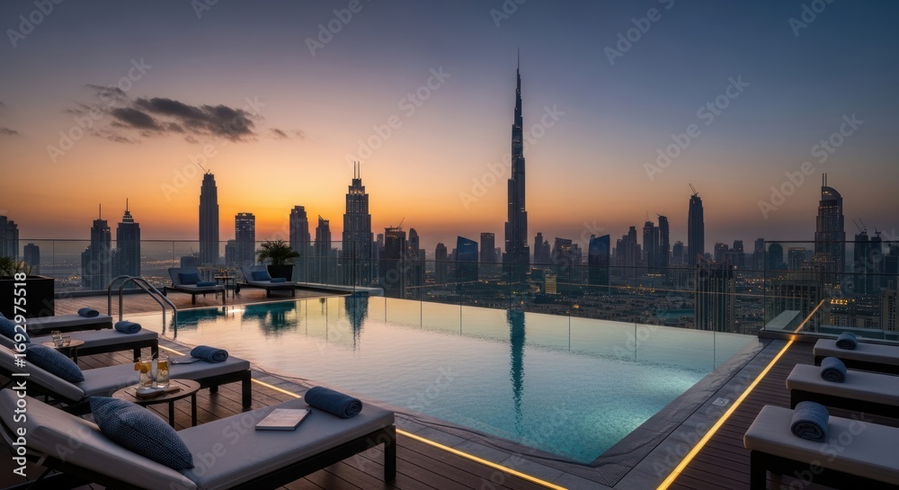 Fototapeta premium Rooftop infinity pool overlooking Dubai's stunning skyline at sunset.
