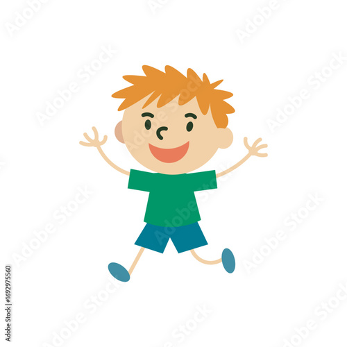 Happy boy cartoon character. Cute vector of a smiling, jumping boy, playful illustration for kids' designs.