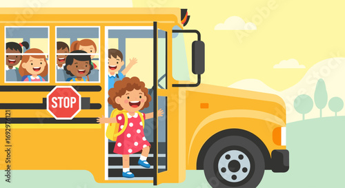 Cheerful elementary school kids getting off the bus