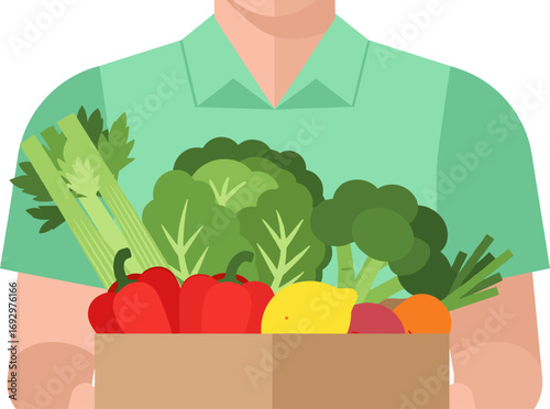 Man holding a box full of fresh groceries