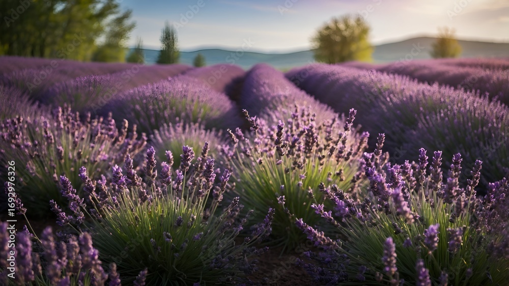 Obraz premium A peaceful lavender field in bloom, with deep purple hues dancing in the wind, creating a serene and fragrant spring landscape.