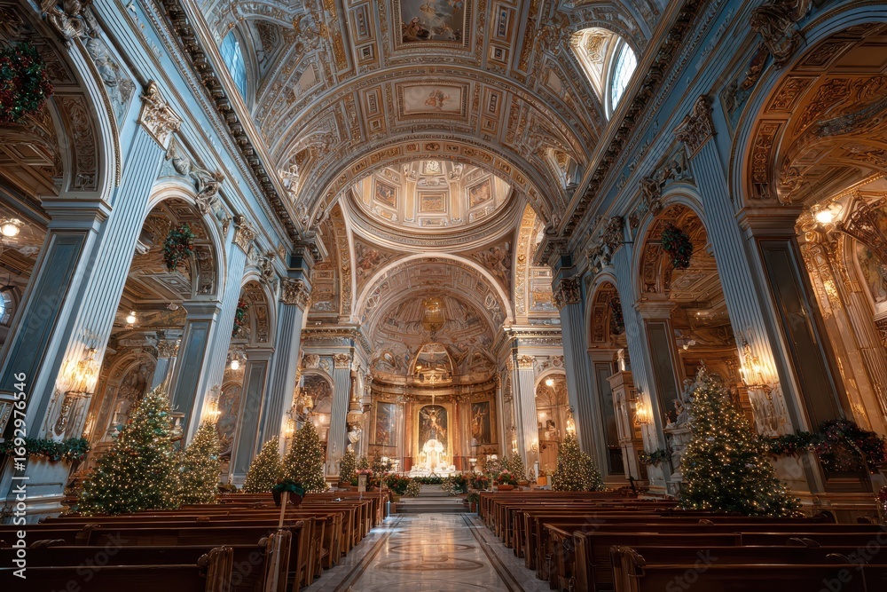 Obraz premium Christmas trees decorating majestic baroque church interior