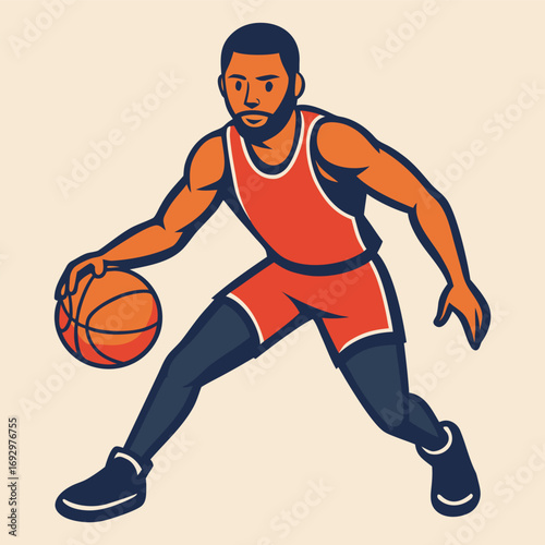 Cartoon basketball player dribbling the ball with determination and focus on a beige background