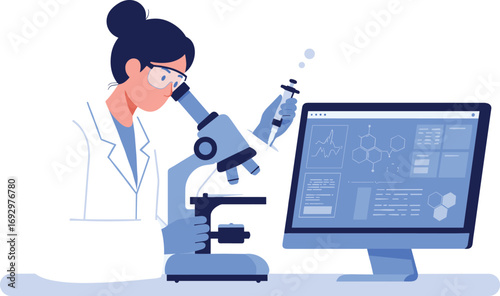 Female scientist using microscope, laboratory research analysis, medical discovery concept, computer screen data, modern scientific research illustration.