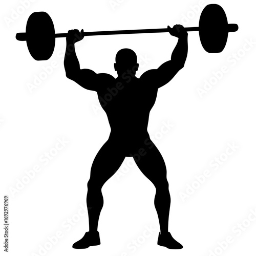 Vector art of silhouette of a muscular weightlifter lifting a barbell overhead